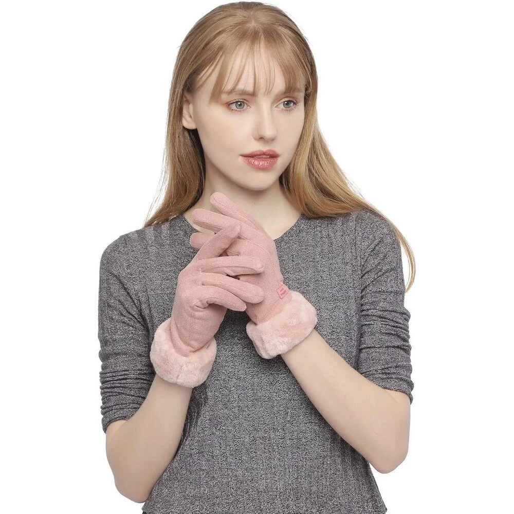 Women's Faux Suede Gloves Furry Cuffs Touchscreen Warm Fleece Lined